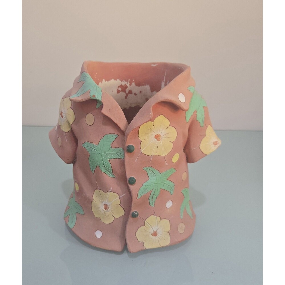 Vintage Aloha Shirt Planter Hawaiian Hibiscus Ceramic 9” Sun Faded